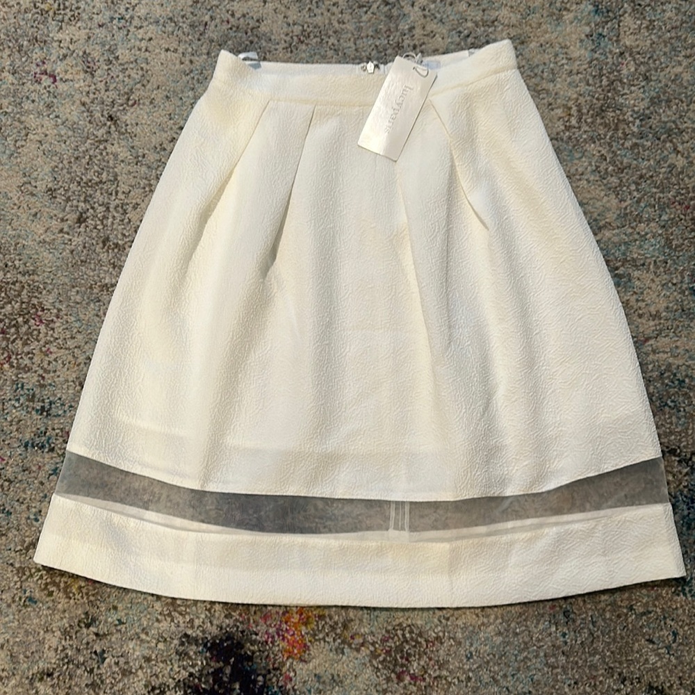 Lucy Paris White Skirt with pleat detail & sheer band at the knee Small